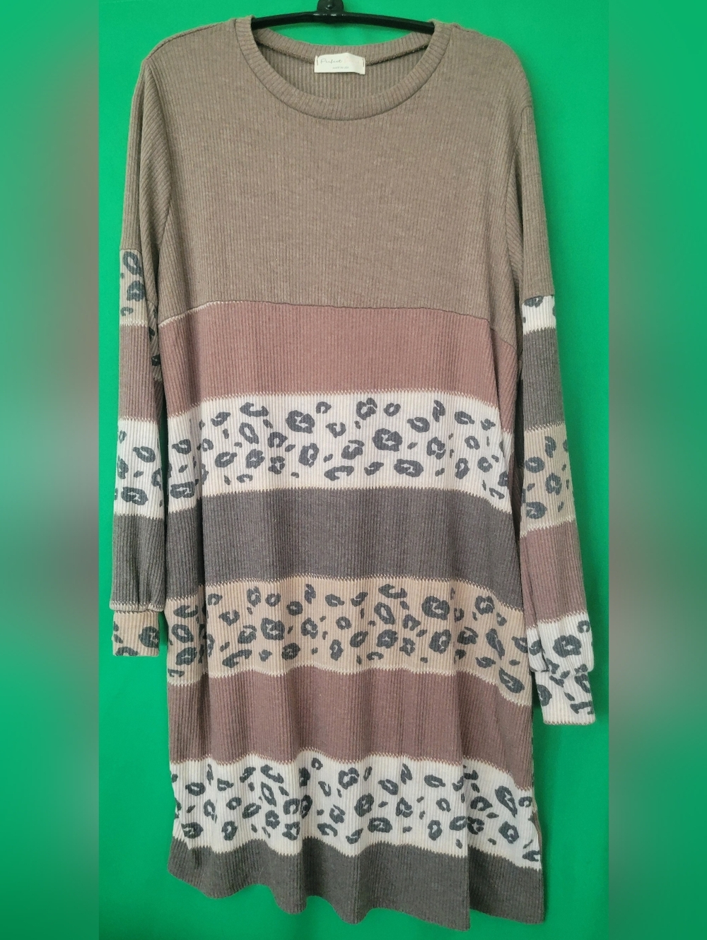 Perfect Peach Striped Leopard-Print Knit Sweater Dress Women Large Color Block